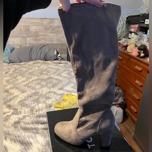 Faux suede tan knee high boots, size 8. Wide calf.